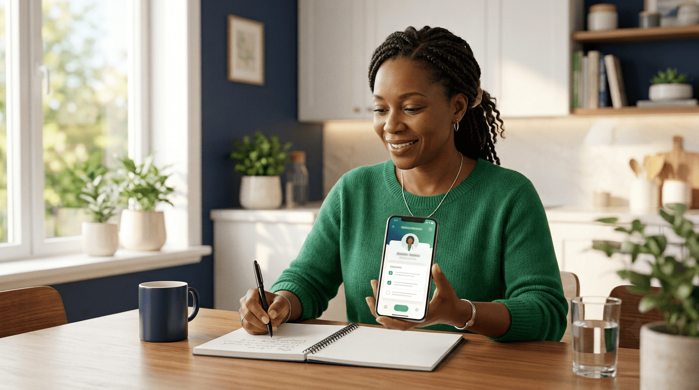 Woman at home using a telehealth prep app to write questions before her doctor visit