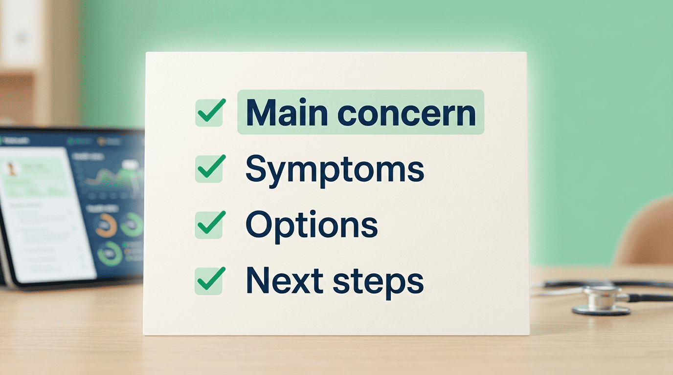 Prioritized doctor-visit question checklist: main concern, symptoms, options, next steps