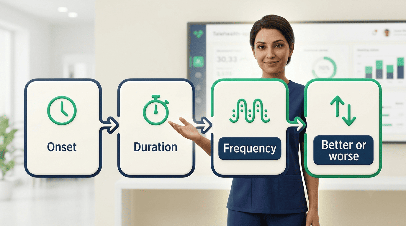 Four-step symptom timeline: onset, duration, frequency, better or worse