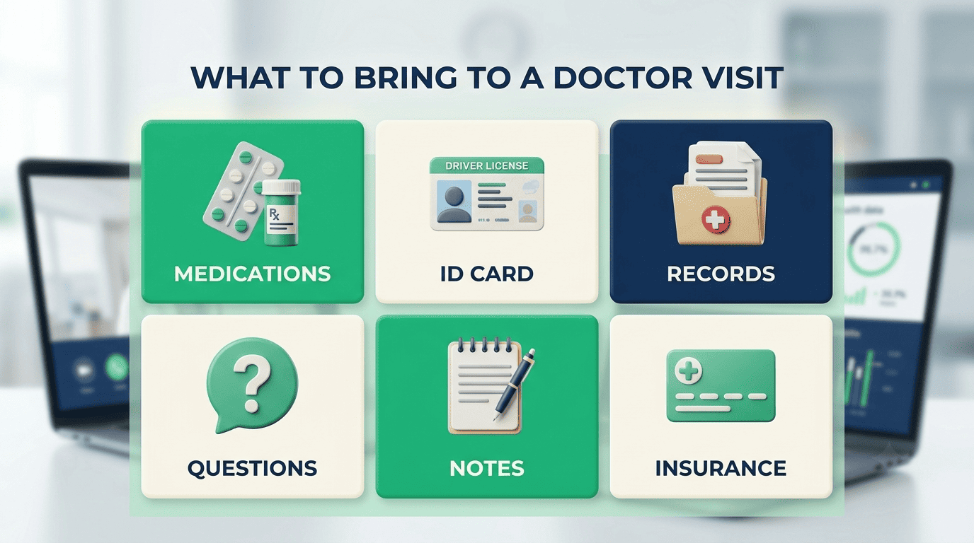 Grid of what to bring to a doctor visit: medications, ID card, records, questions, notes, insurance