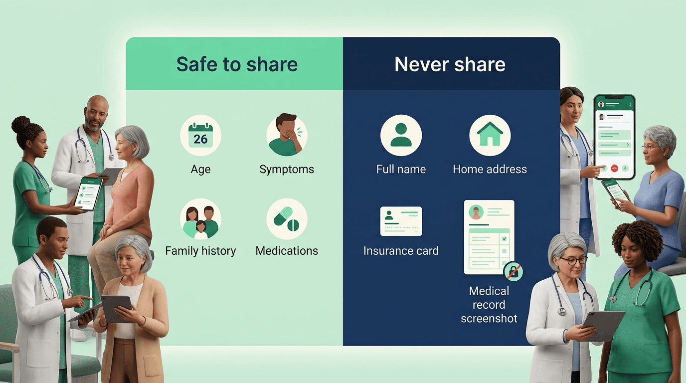 Comparison: safe to share with AI (age, symptoms, family history, medications) versus never share (name, address, insurance, record screenshots)