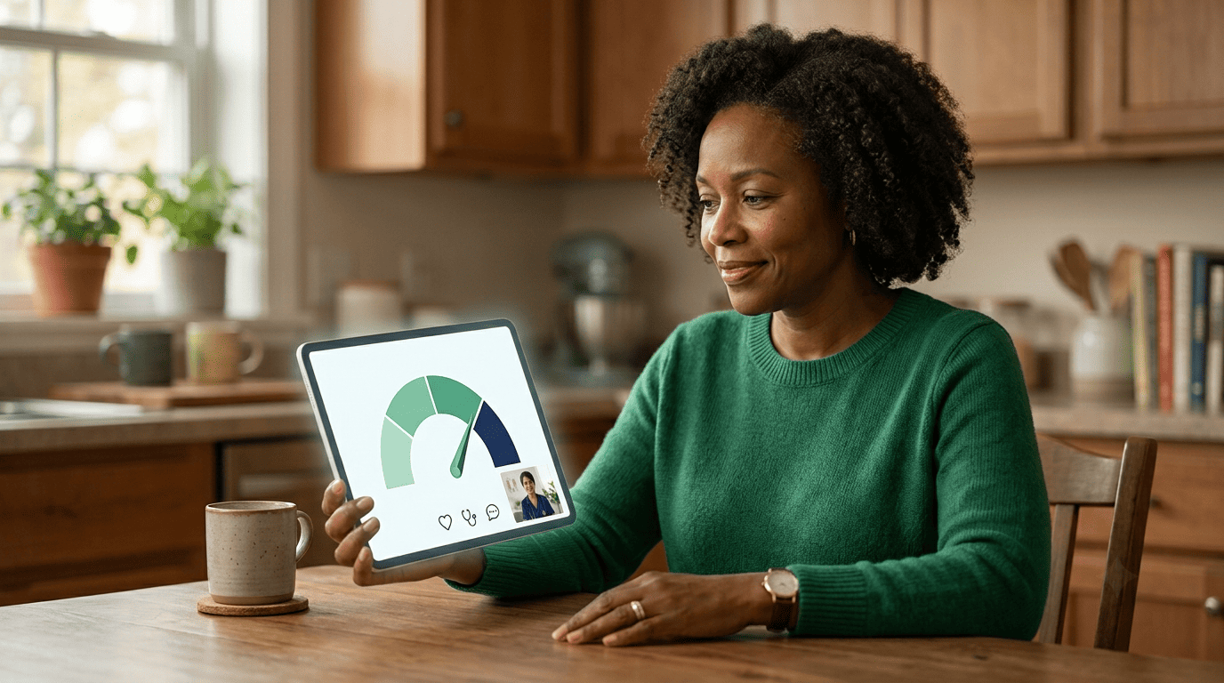 A patient checks an AI symptom-checker accuracy gauge on a telehealth app while a doctor waits on a video call