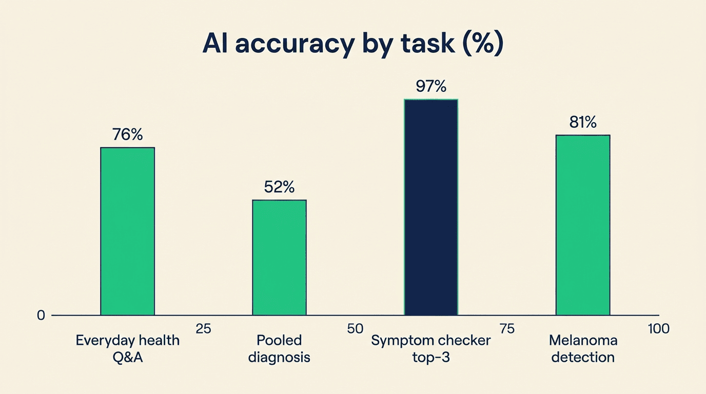 Bar chart of AI accuracy by task: everyday Q&A 76 percent, pooled diagnosis 52 percent, symptom checker top-3 97 percent, melanoma 81 percent