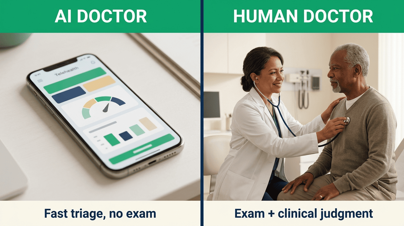Split comparison of an AI doctor app doing fast triage versus a human doctor performing a physical exam