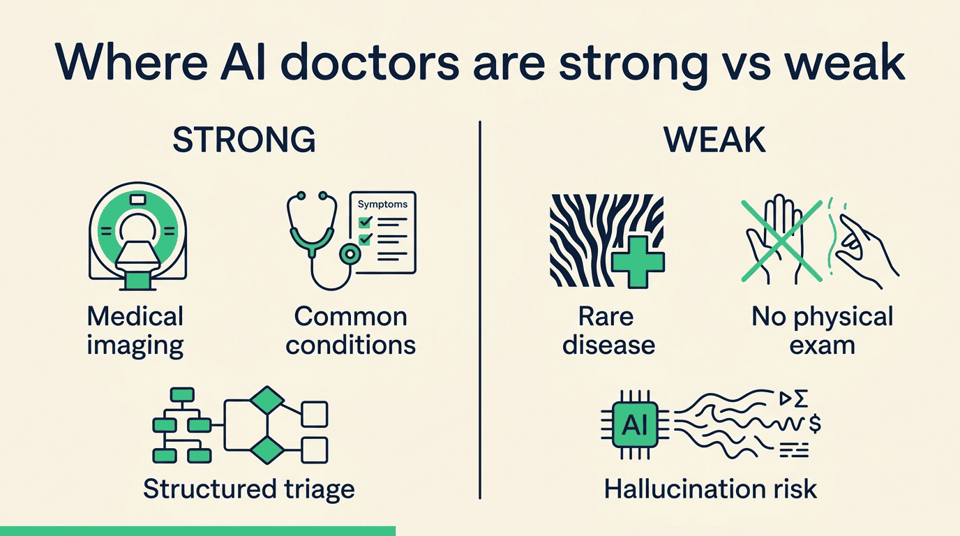 Comparison of where AI doctors are strong (imaging, common conditions, triage) versus weak (rare disease, no exam, hallucination)