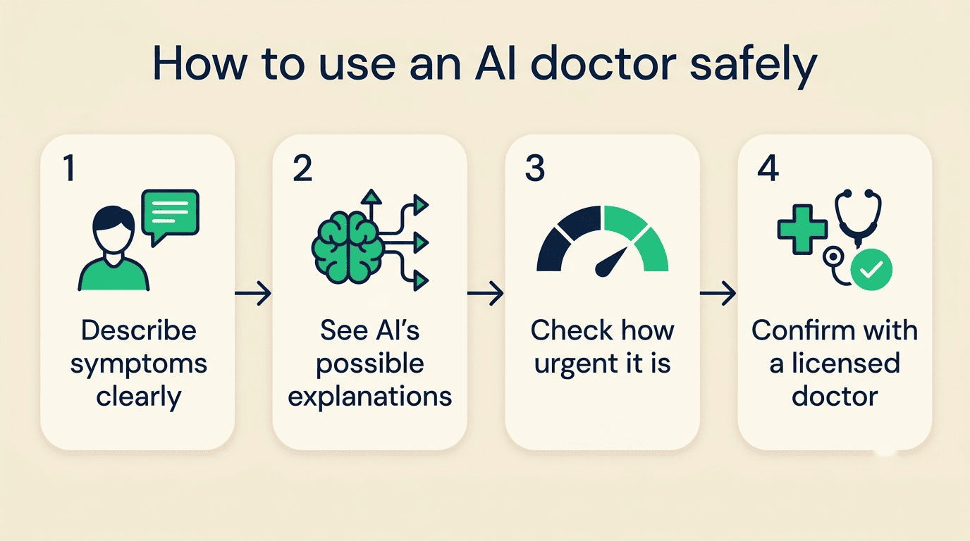Four-step flow for using an AI doctor safely: describe symptoms, see explanations, check urgency, confirm with a doctor