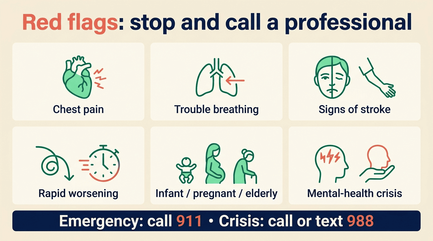 Red-flag checklist of symptoms needing a professional, with 911 for emergencies and 988 for mental-health crisis