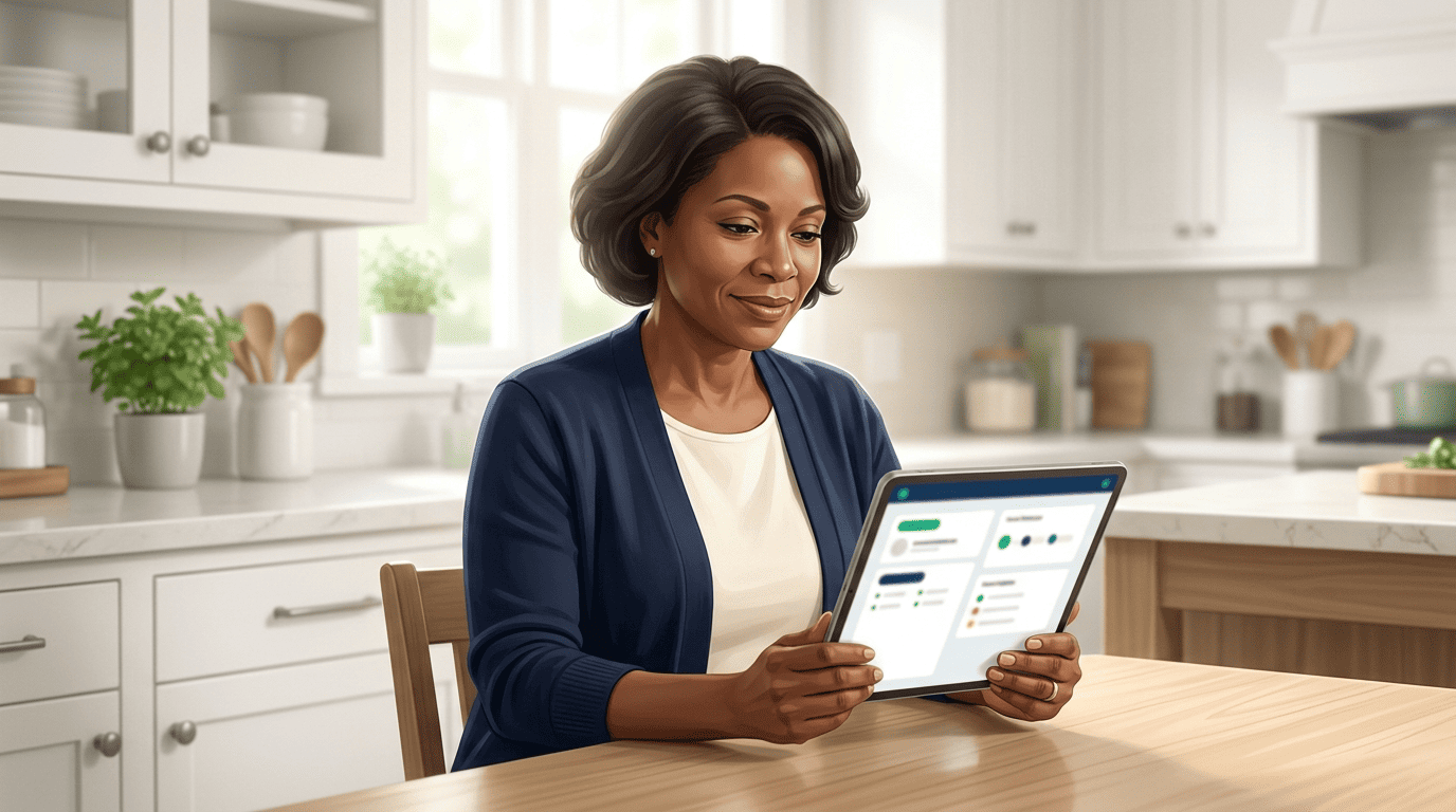 Woman at home reading her lab results explained by an AI health app on a tablet