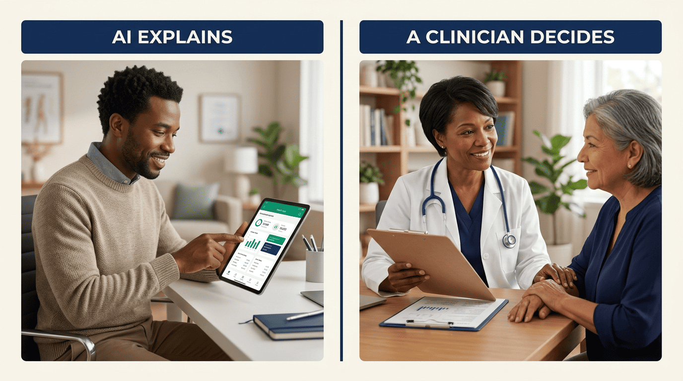 Split comparison: AI explains lab values on an app versus a clinician deciding with a patient