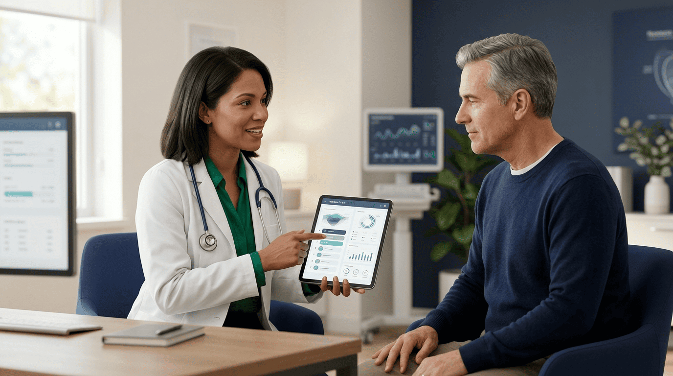 An AI doctor assistant shows a patient a telehealth symptom-checker app during a visit