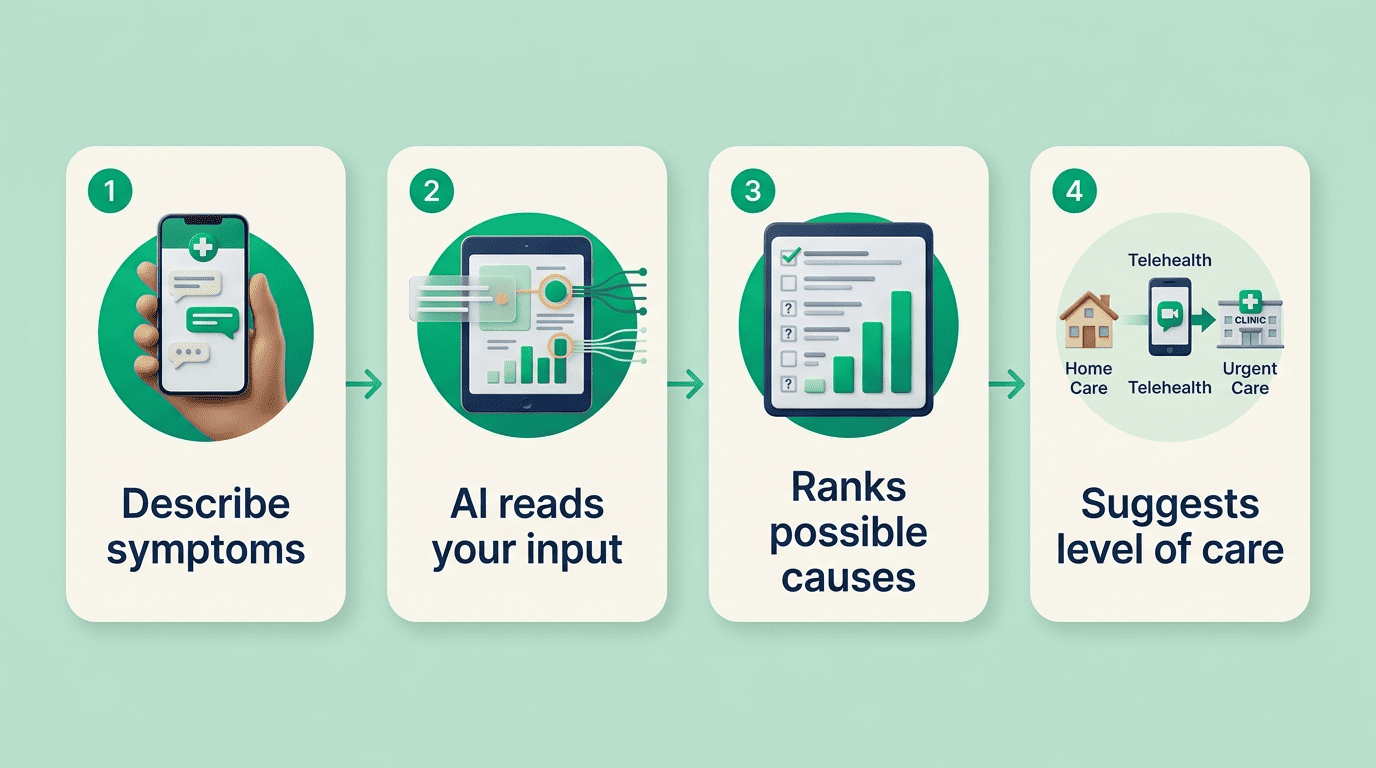 Four-step flow: describe symptoms, AI reads input, ranks possible causes, suggests level of care