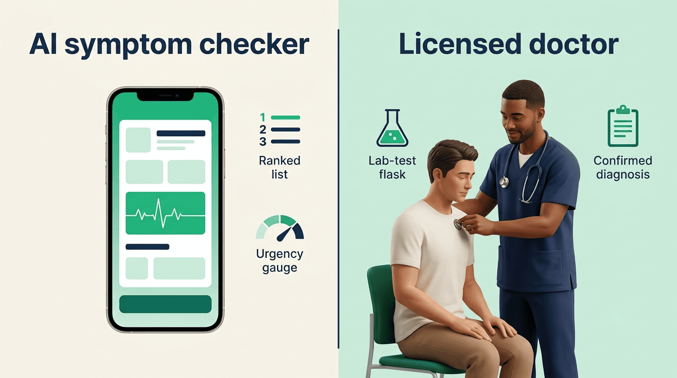 Split comparison of an AI symptom checker app versus a licensed doctor examining a patient
