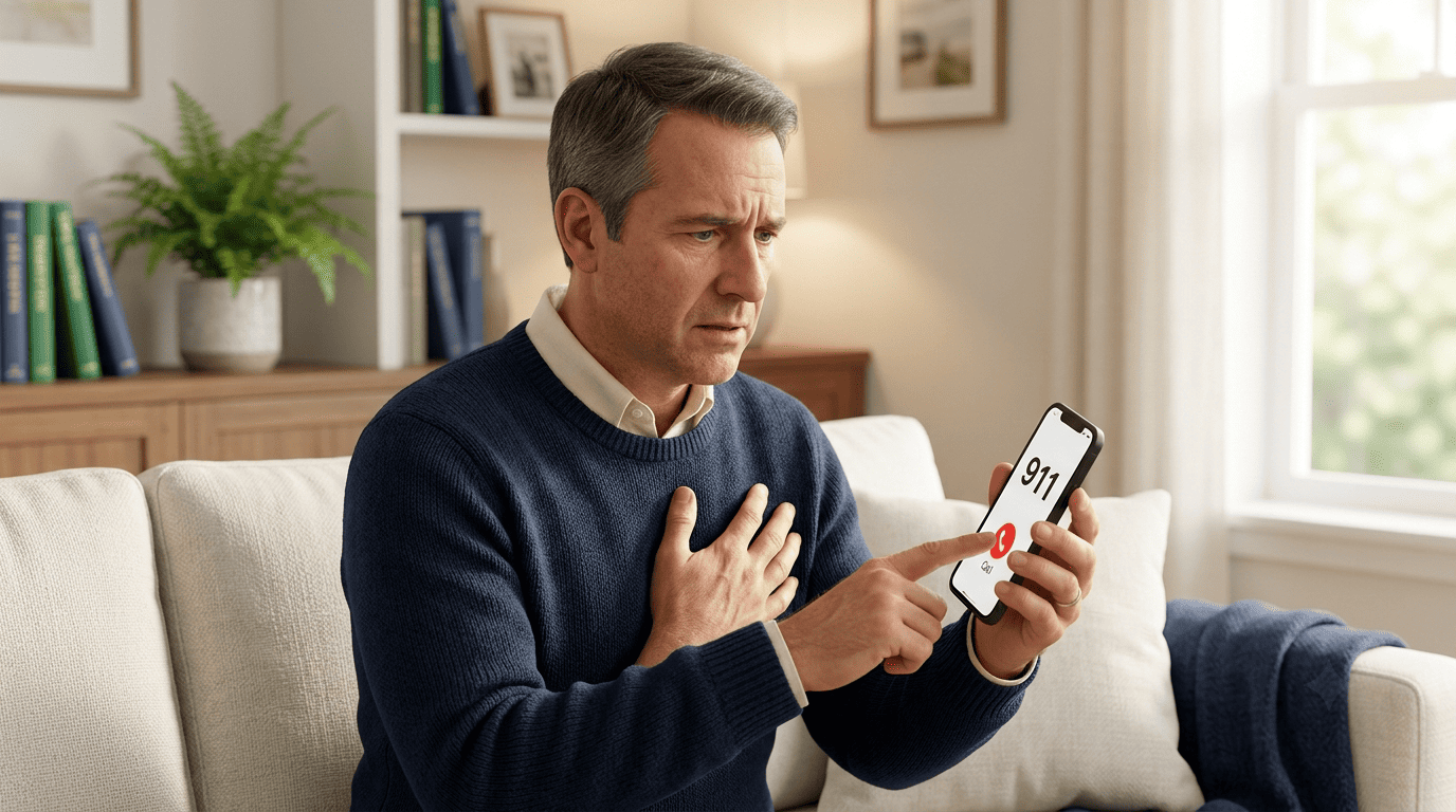 A man with chest pain dialing 911 on his phone instead of using a symptom checker