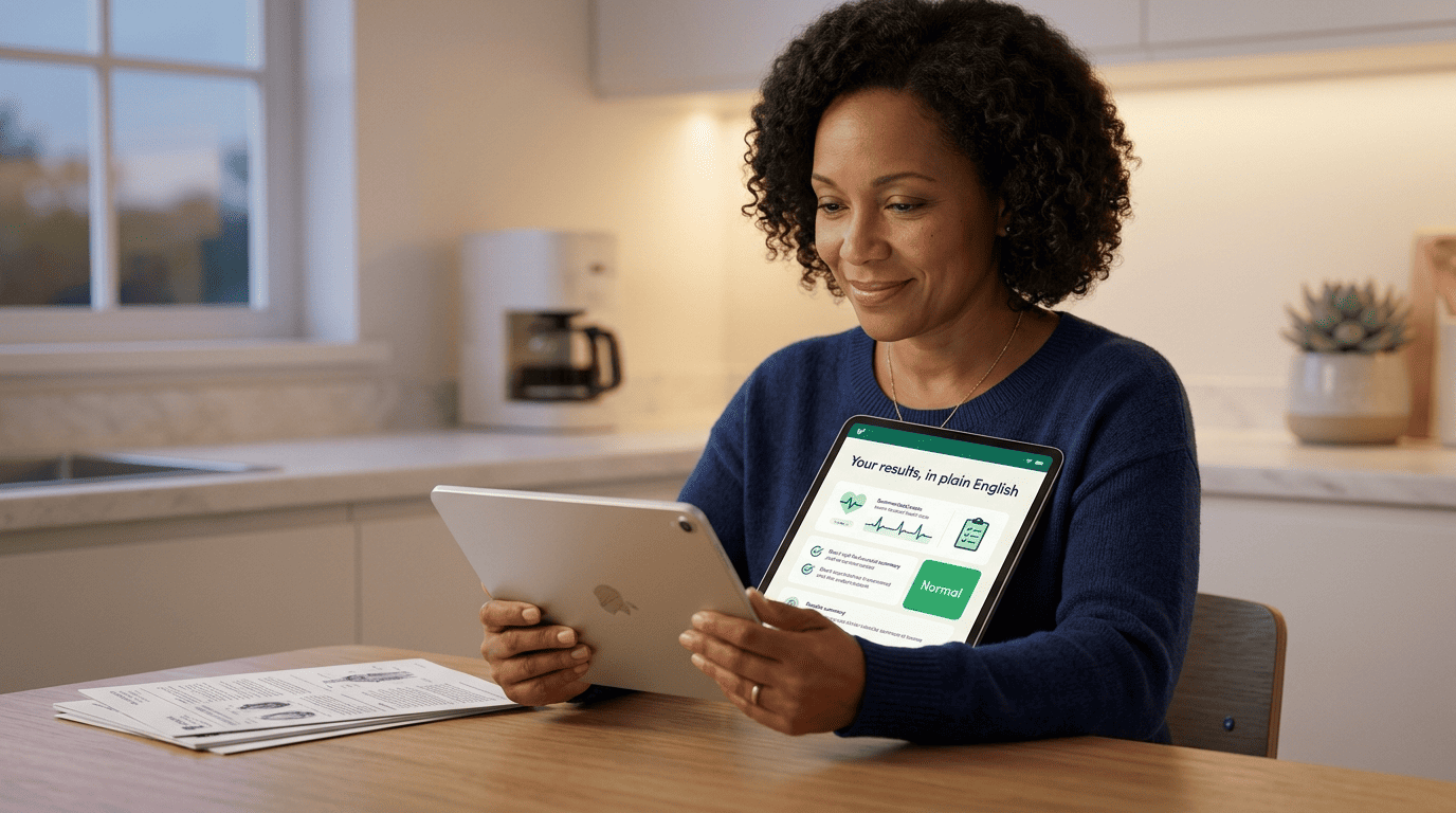 A woman at home reading her health results rewritten in plain English on a telehealth app