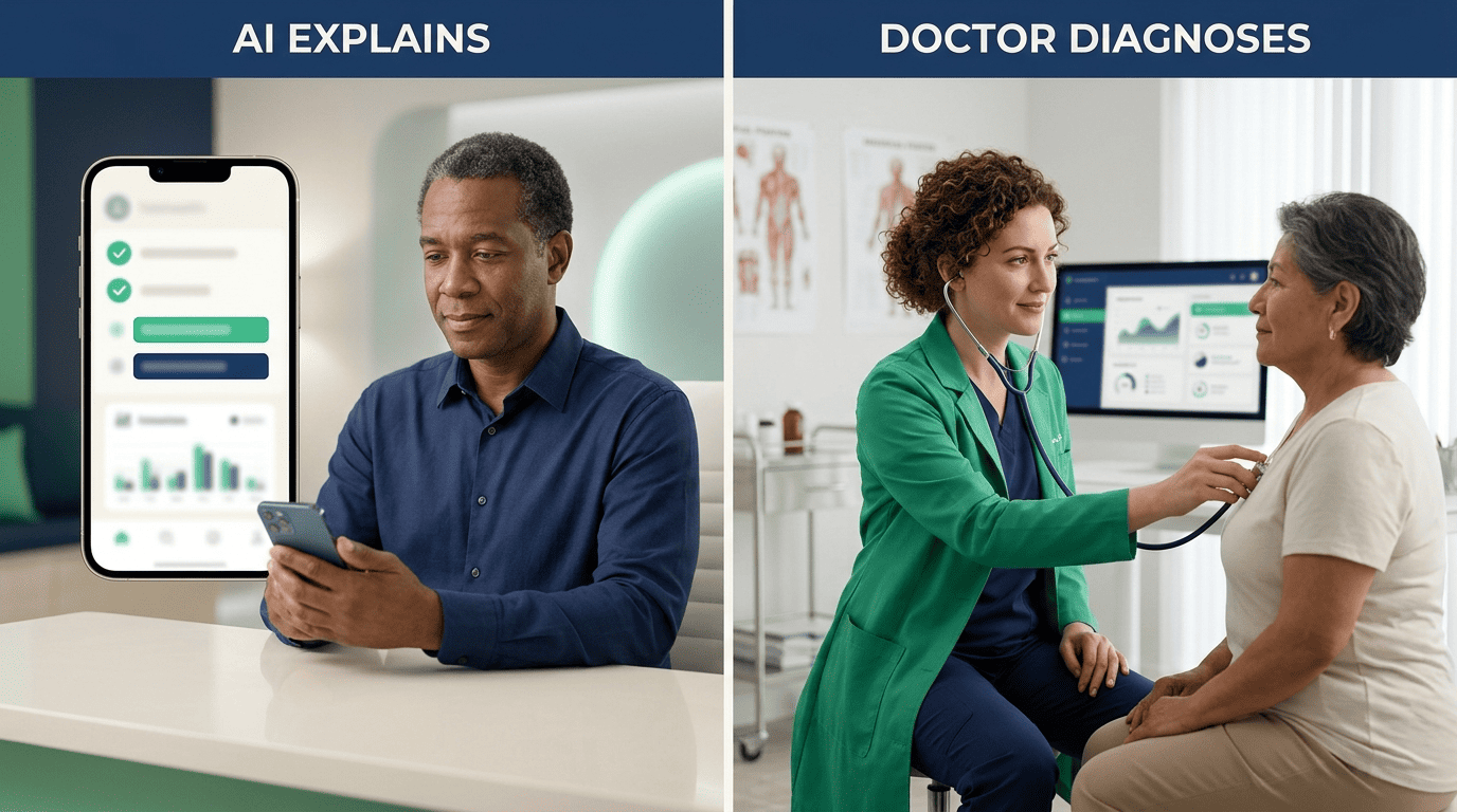 Split screen: an AI app explaining a report on the left, a physician diagnosing a patient on the right