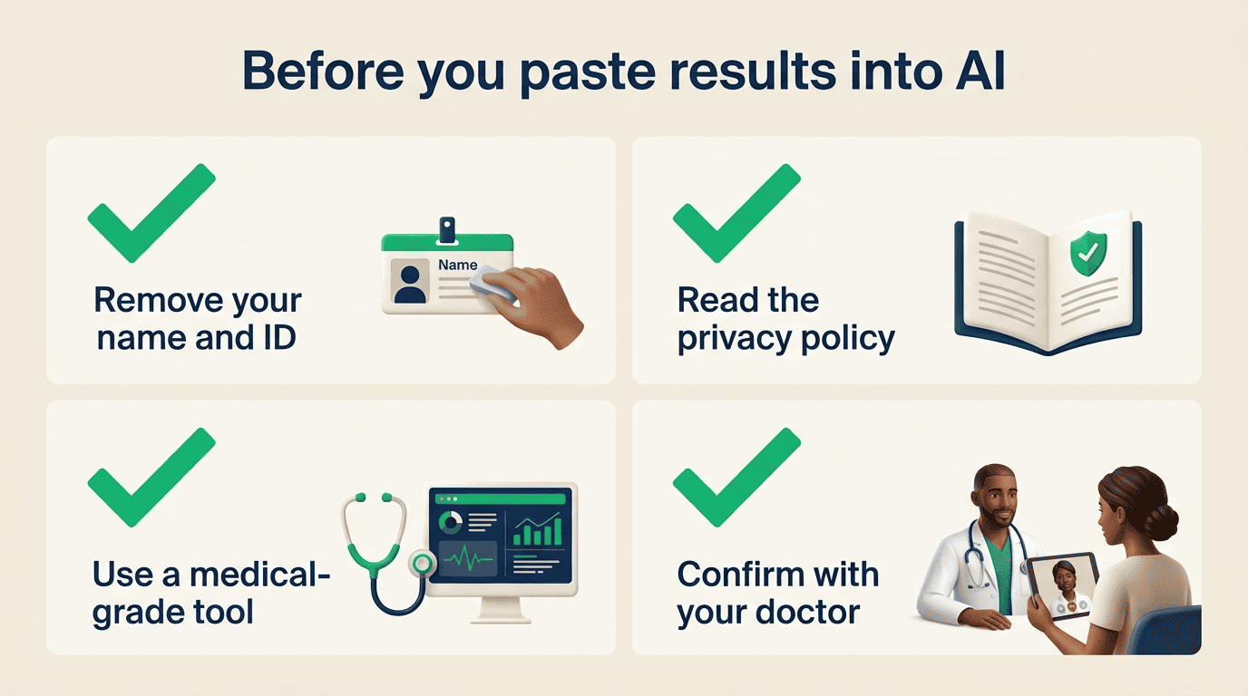 Checklist before pasting results into AI: remove name and ID, read the privacy policy, use a medical-grade tool, confirm with your doctor