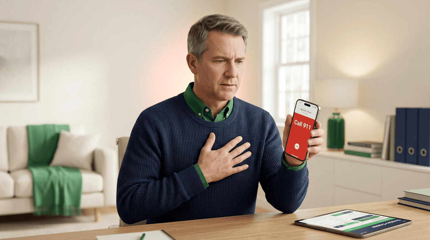 A man with chest pain putting down the health app to call 911 on his phone