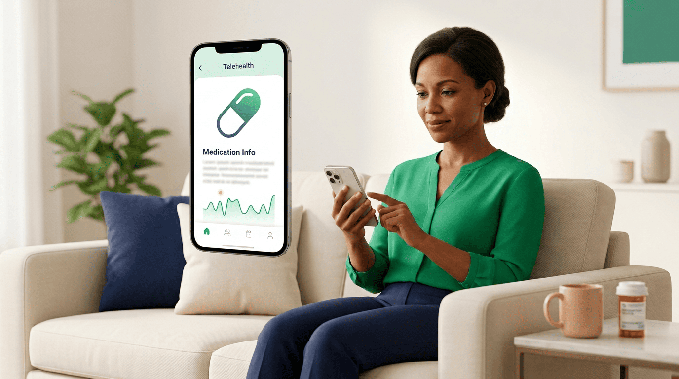 Woman at home checking a telehealth app that explains her medication