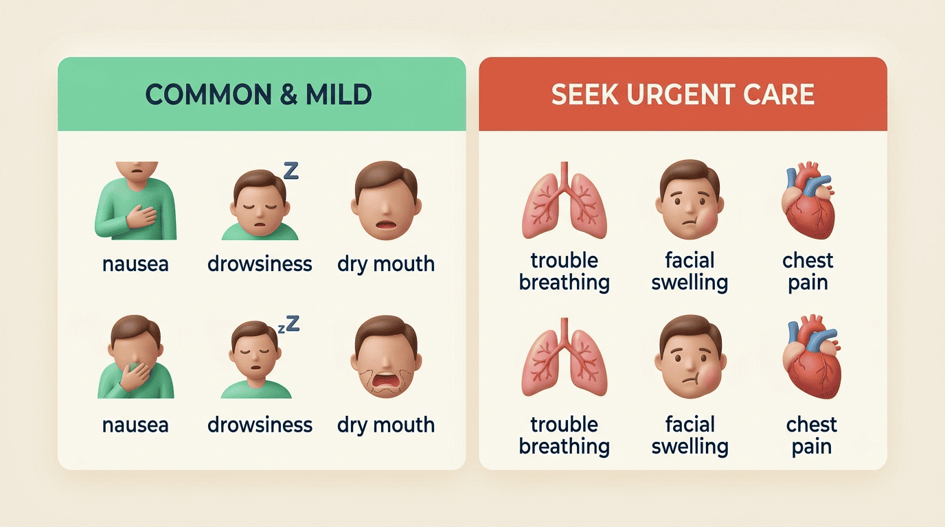 Comparison of common mild side effects versus symptoms that need urgent care