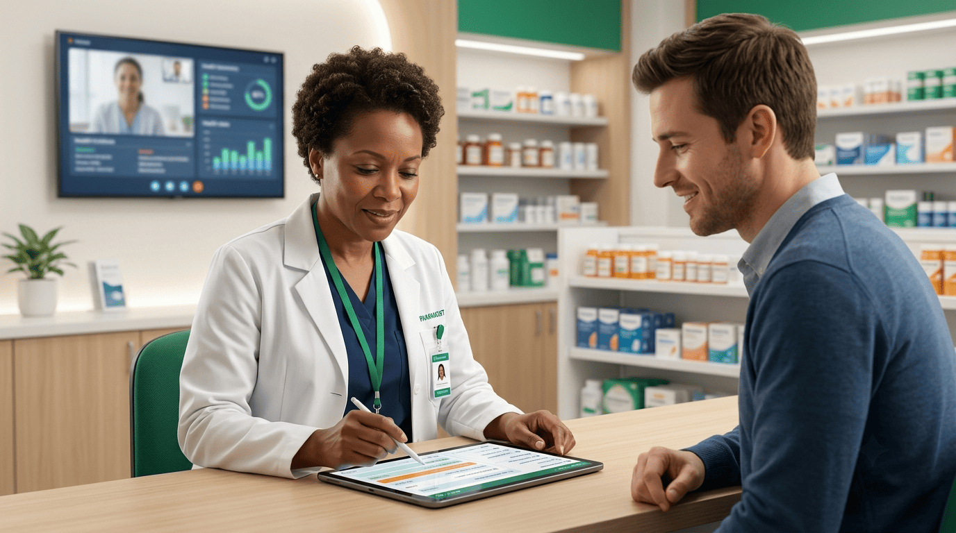 Pharmacist reviewing a patient's full medication list on a tablet at the counter