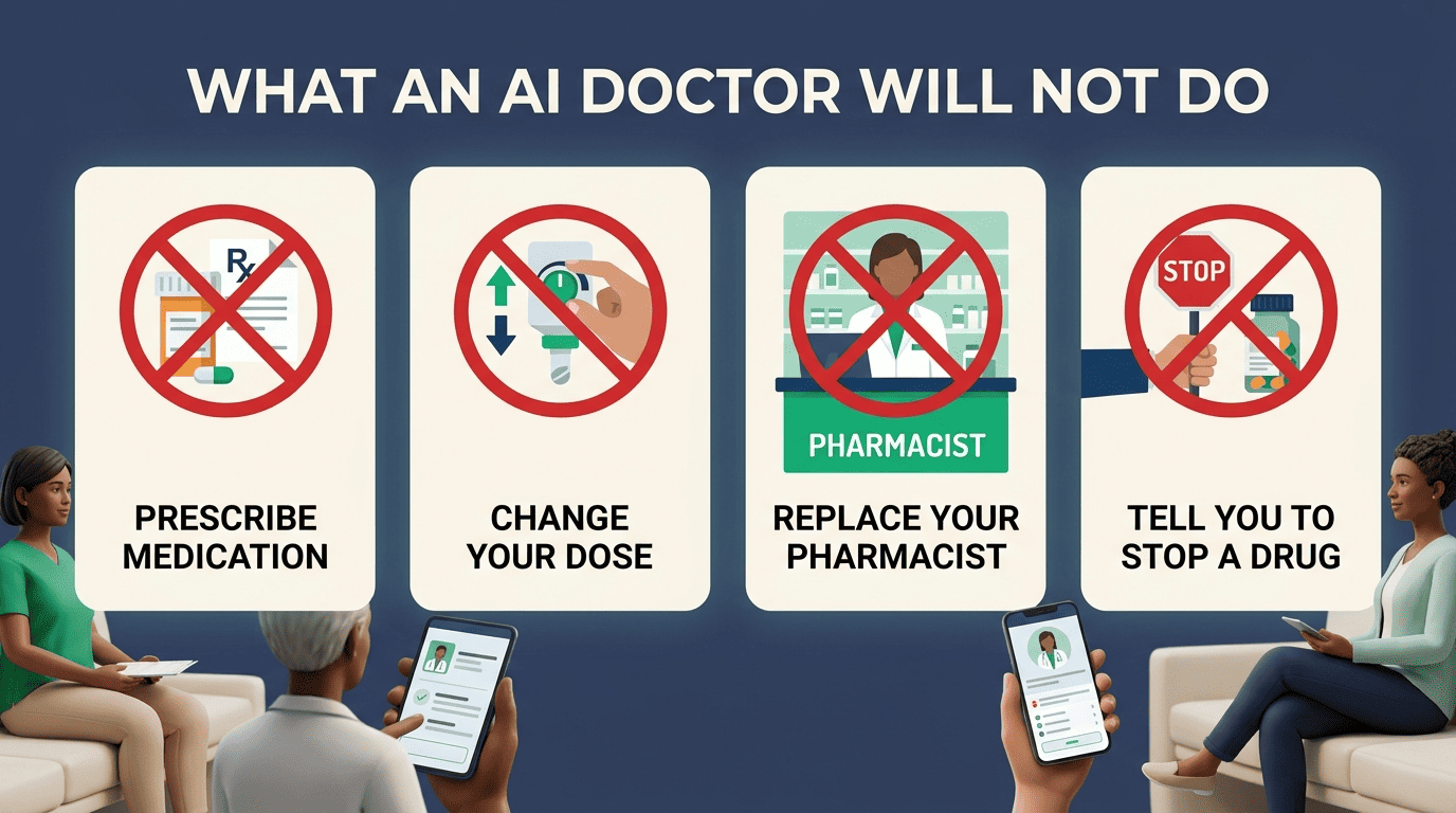 Four things an AI doctor will not do: prescribe, change your dose, replace your pharmacist, or tell you to stop a drug