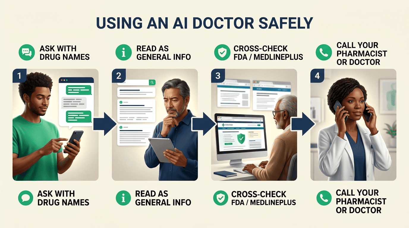 Four steps to use an AI doctor safely: ask with drug names, read as general info, cross-check FDA/MedlinePlus, call your pharmacist or doctor