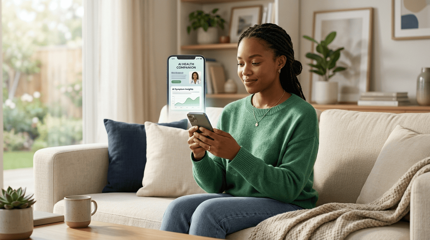 A person at home reading a plain-language symptom explanation in a telehealth app on their phone