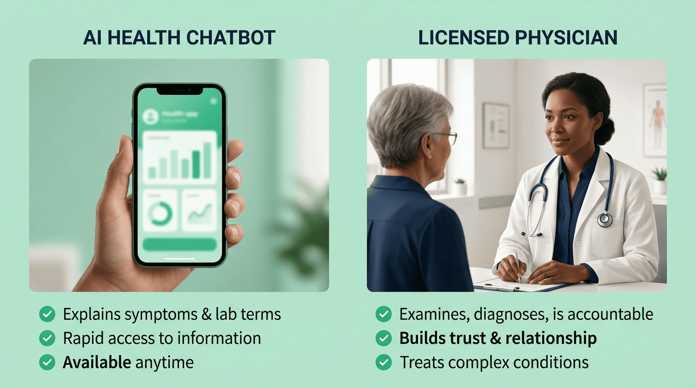 Side-by-side comparison of what an AI health chatbot does well versus what a licensed physician does
