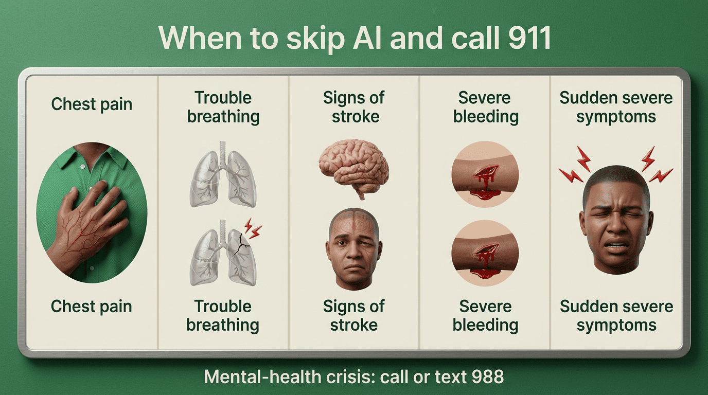 Red-flag checklist of emergency symptoms — chest pain, trouble breathing, stroke signs, severe bleeding, sudden severe symptoms — with 911 and 988 crisis numbers