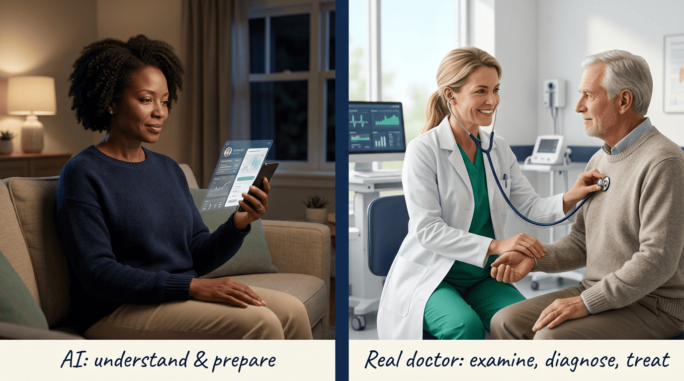 Split image: a woman using an AI symptom-checker app at home beside a physician examining a patient in a clinic