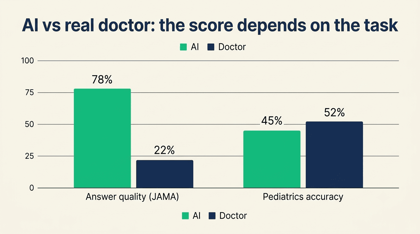Bar chart comparing AI and real doctor: answer quality 78% vs 22%, pediatrics accuracy 45% vs 52%