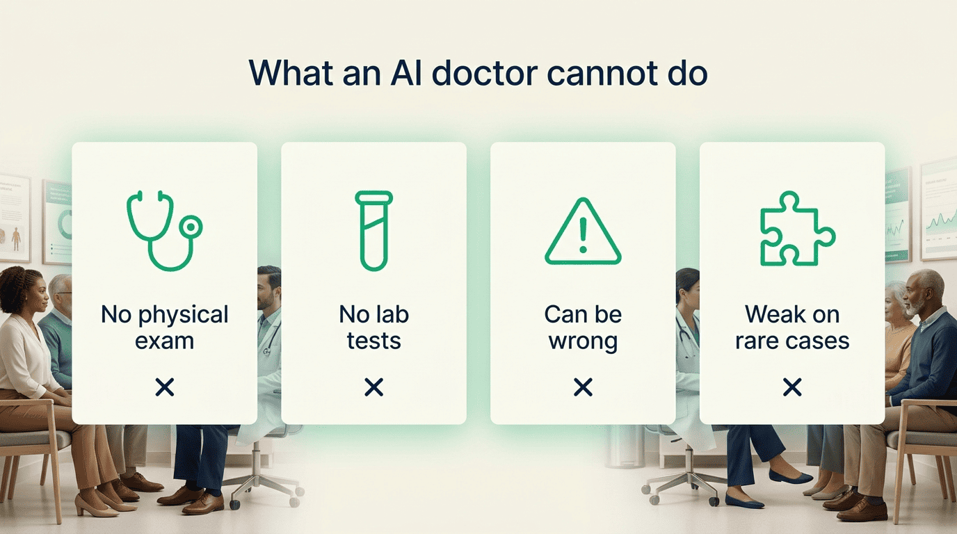 Four cards listing what an AI doctor cannot do: no physical exam, no lab tests, can be wrong, weak on rare cases