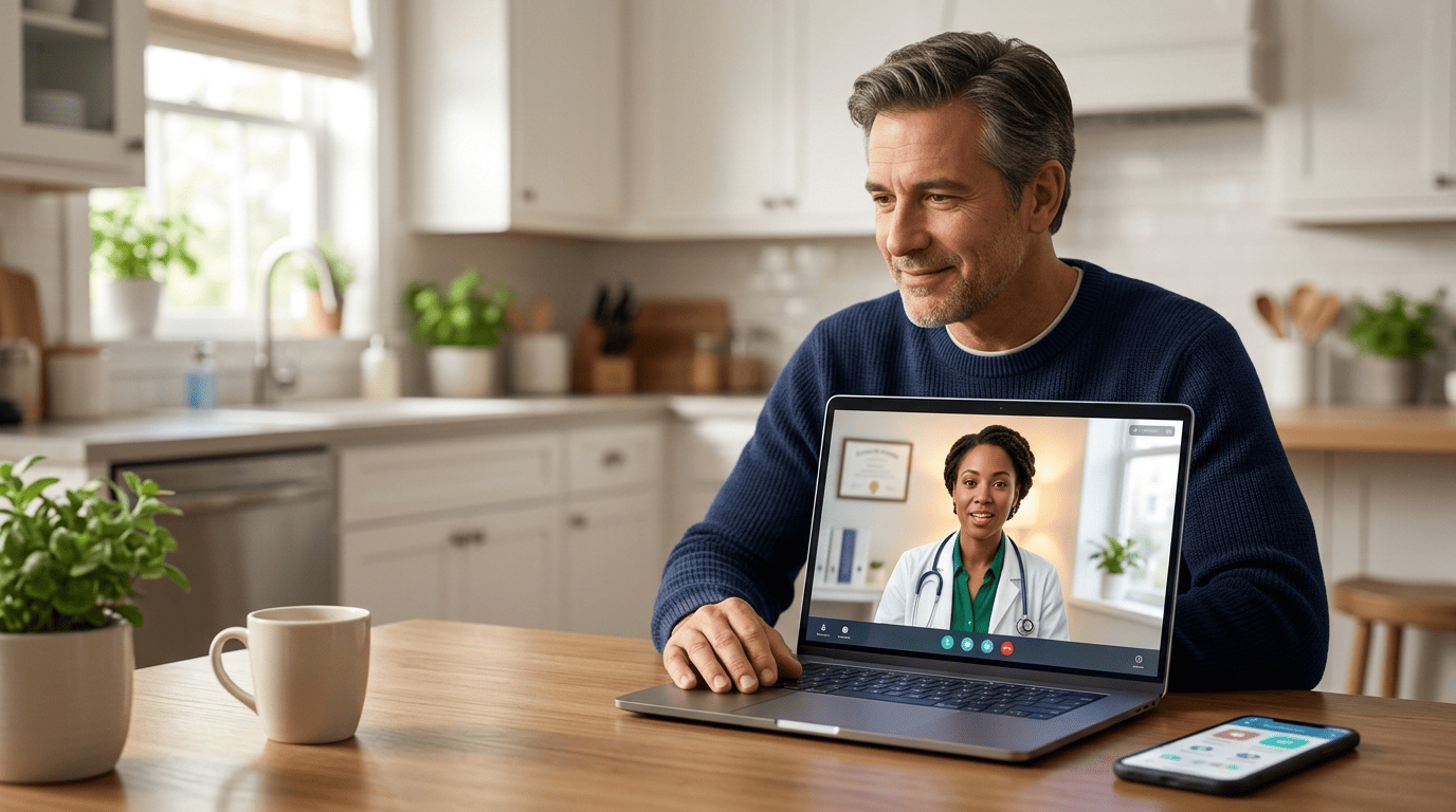 A patient at home on a telehealth video call with a licensed doctor