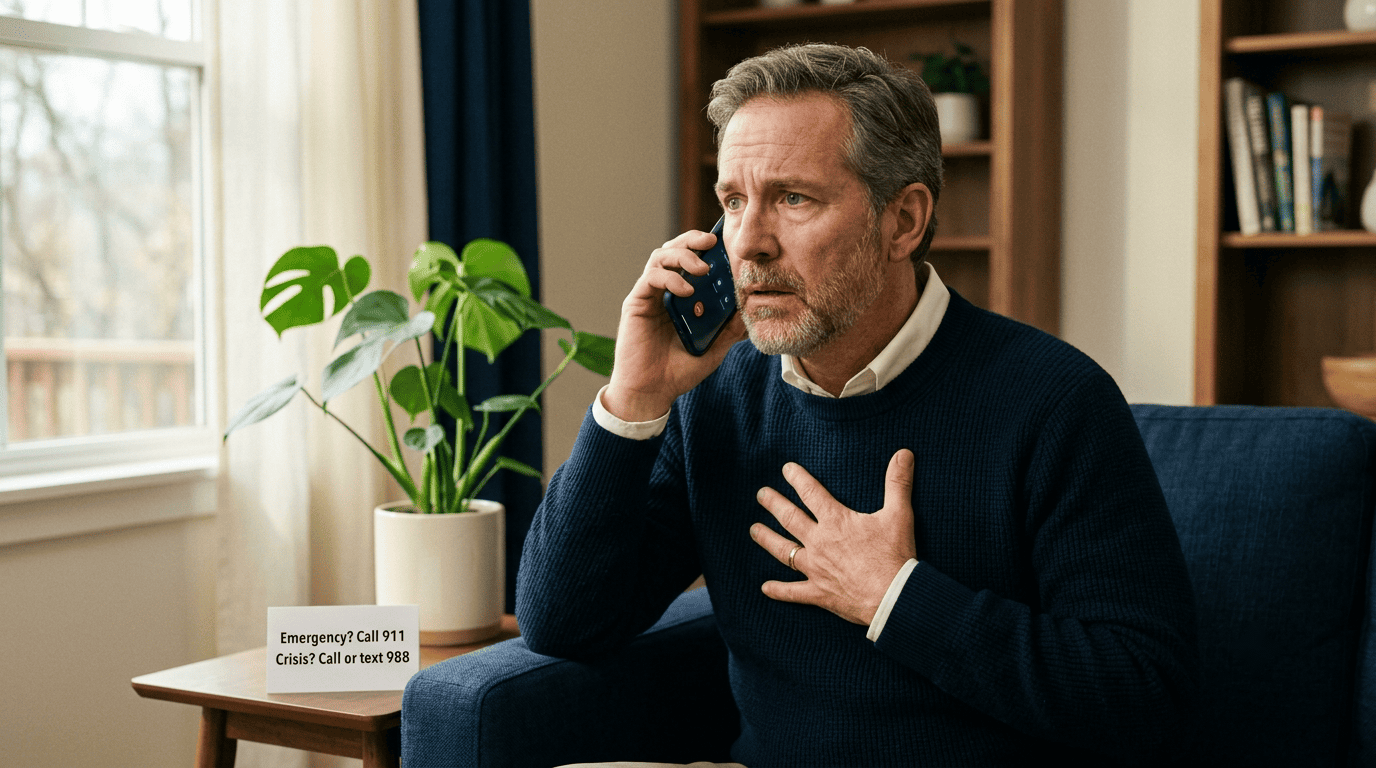 A man with chest discomfort at home phoning for help, with a card reading Emergency call 911, Crisis call or text 988