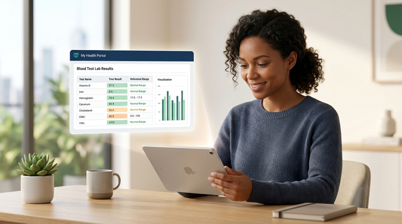 A telehealth screen lays out a blood-test result with values in normal versus out-of-range columns