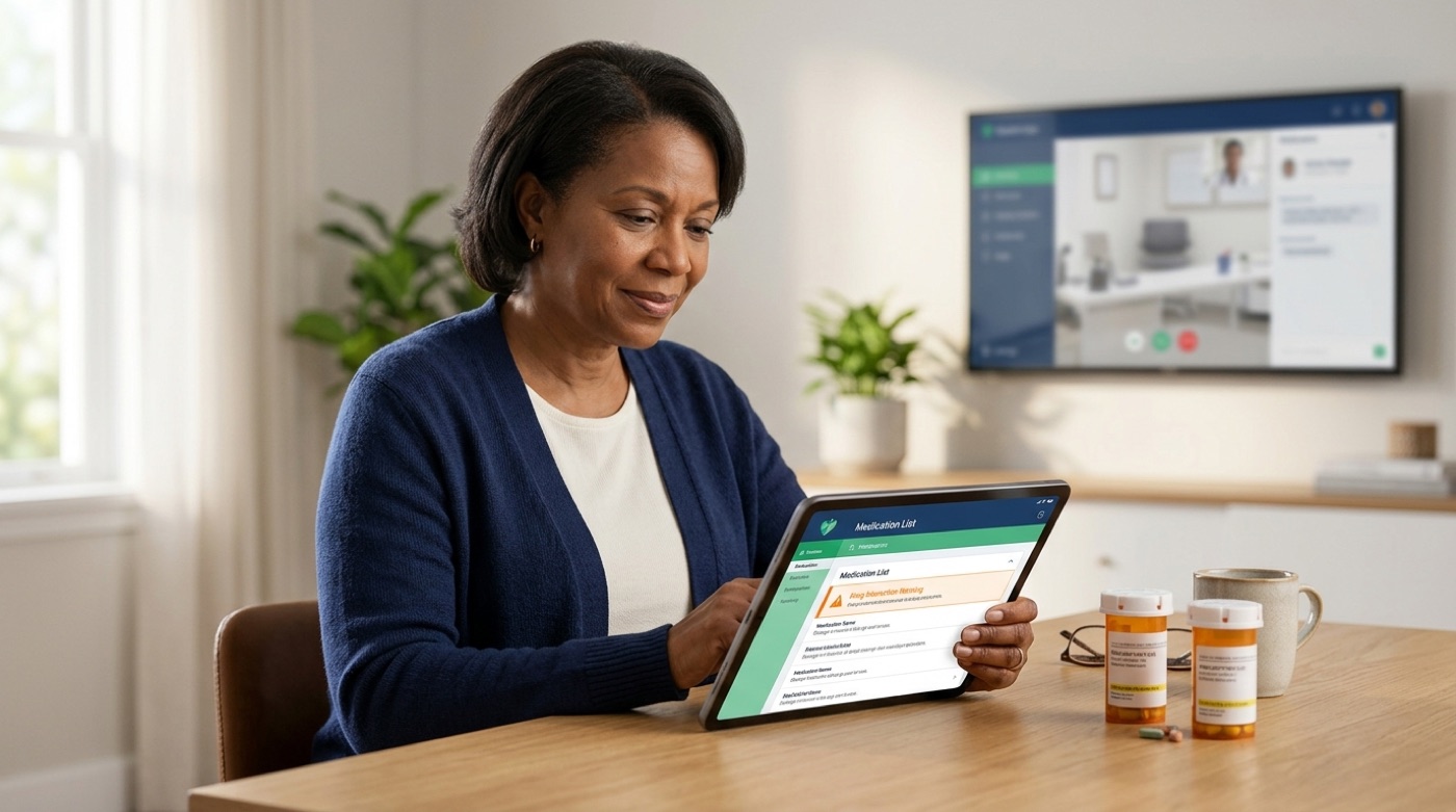 A medication list on a tablet highlights a drug-interaction warning next to pill bottles on a desk