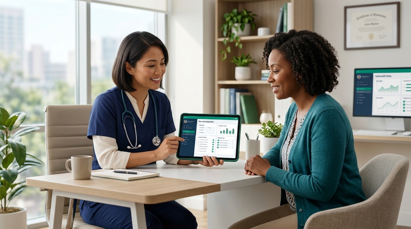 A patient and doctor sit at a desk with a pre-visit question checklist and symptom history on a tablet