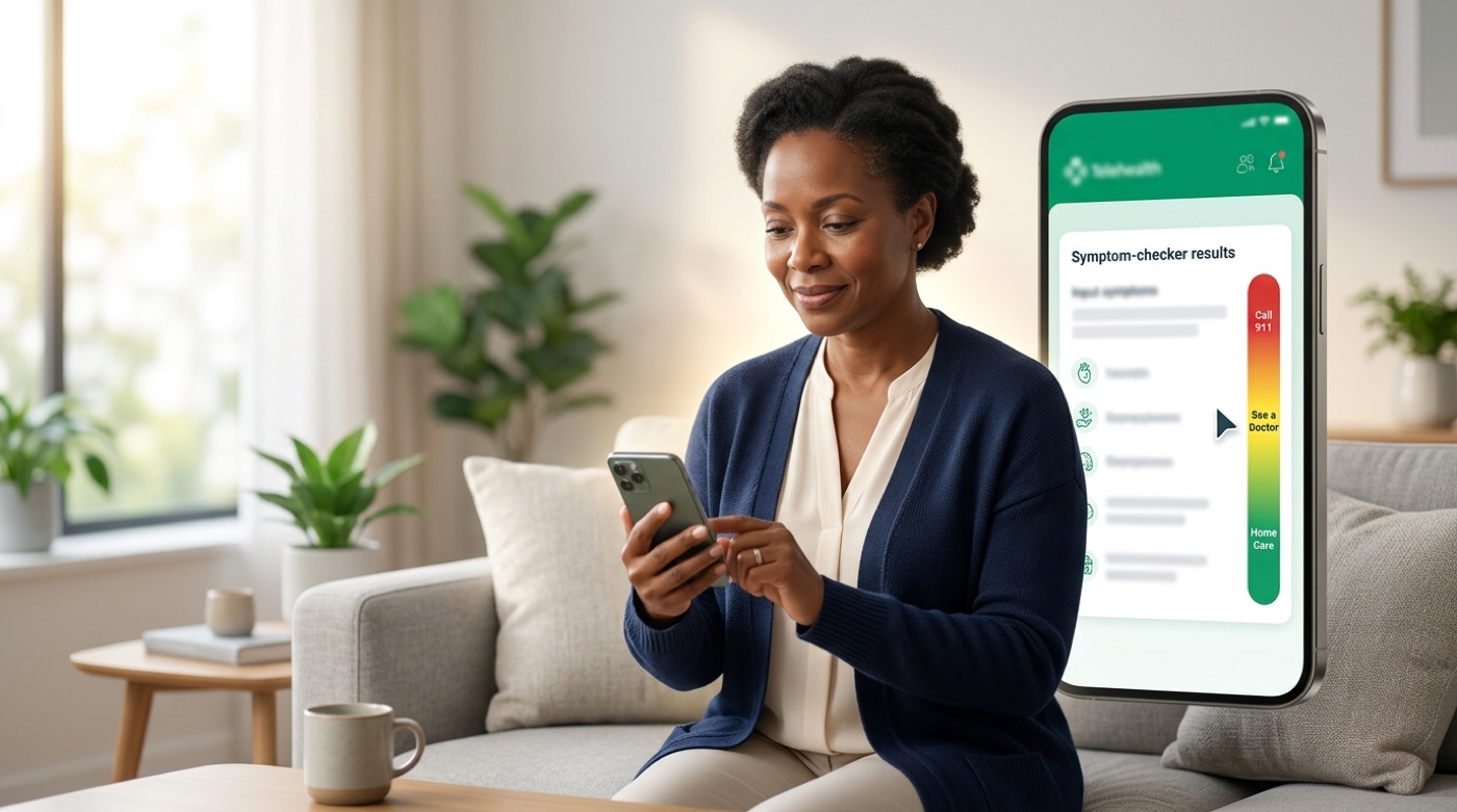A phone shows an AI symptom checker with an urgency scale from home care to call 911 next to a calm person at home