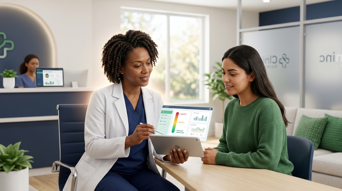A doctor and patient review an AI symptom analysis with an urgency scale on a tablet in a bright clinic
