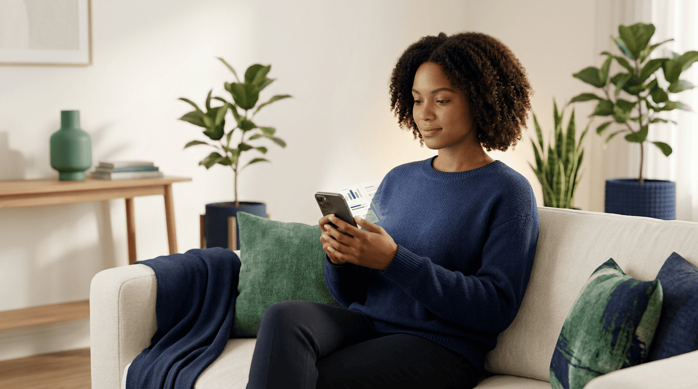 A woman at home reading a symptom-checker health app on her phone