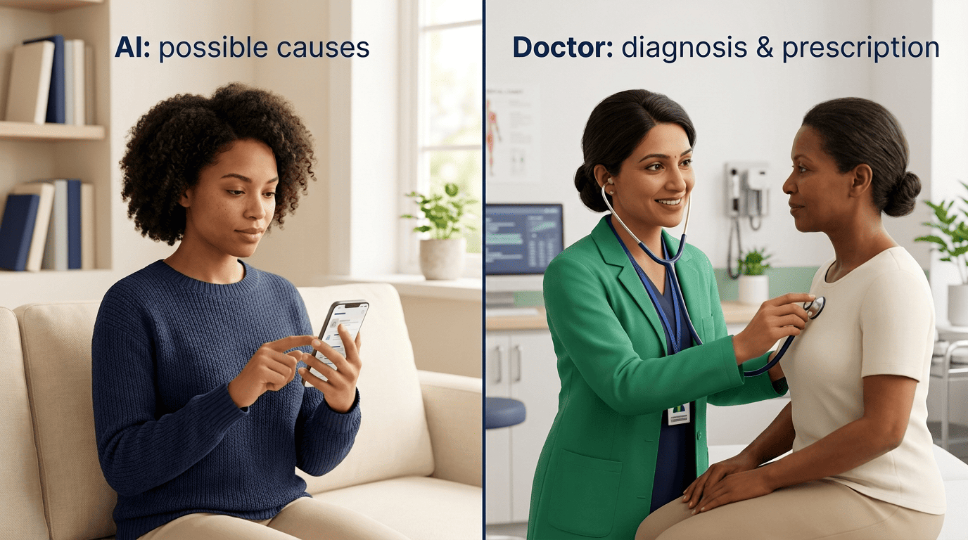 Split image comparing an AI symptom checker returning possible causes with a doctor giving a diagnosis
